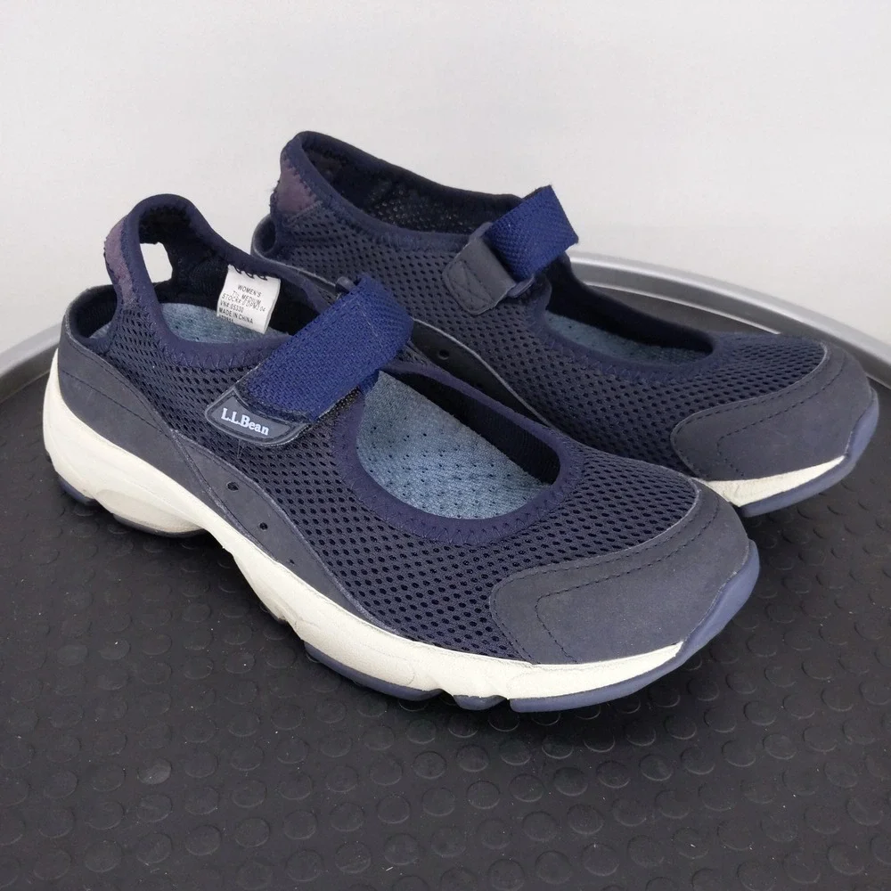 L.L. Bean Mary Jane Sneakers Womens 7.5 Blue Mesh Hook‎ Loop Walking Shoes